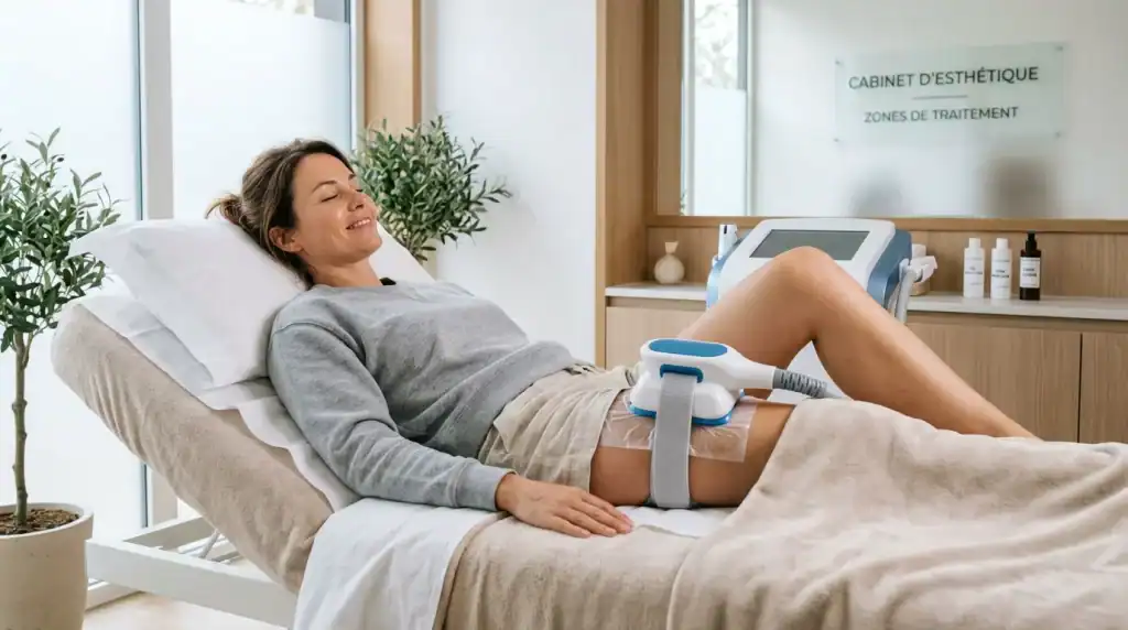 Séance de cryolipolyse des cuisses dans un cabinet esthétique