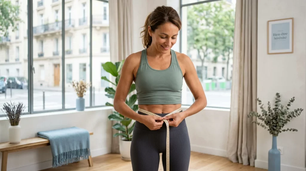 Femme mesurant sa taille après un remodelage de la silhouette