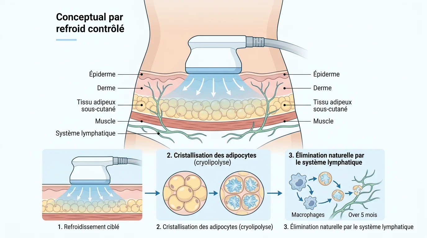 Schéma expliquant l'action du froid sur les cellules graisseuses du ventre