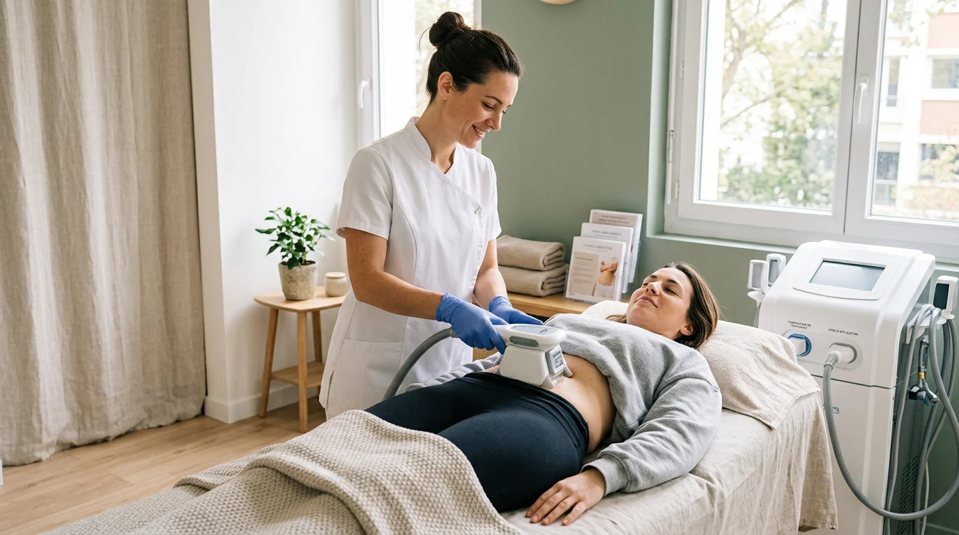 Praticienne appliquant un applicateur de cryolipolyse sur le ventre d'une cliente