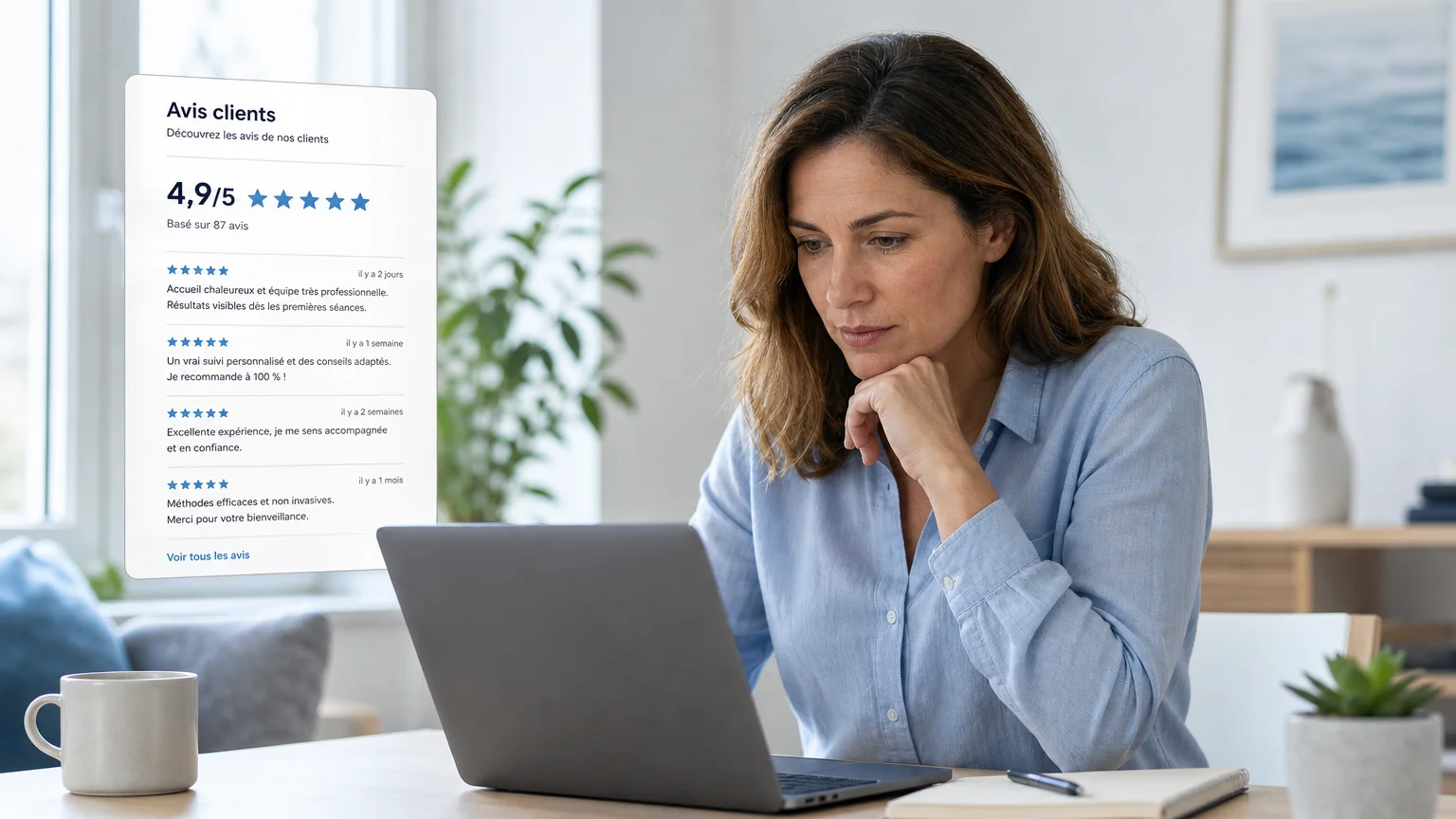 Personne lisant des avis en ligne sur la cryolipolyse