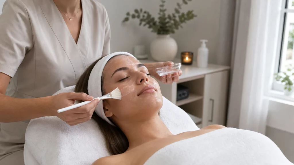 Femme recevant un soin du visage dans une cabine esthétique lumineuse à Marseille