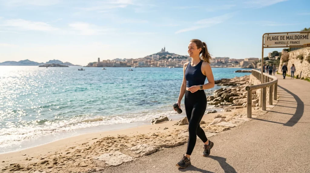 Personne en tenue de sport au bord de mer à Marseille préparant sa silhouette d'été