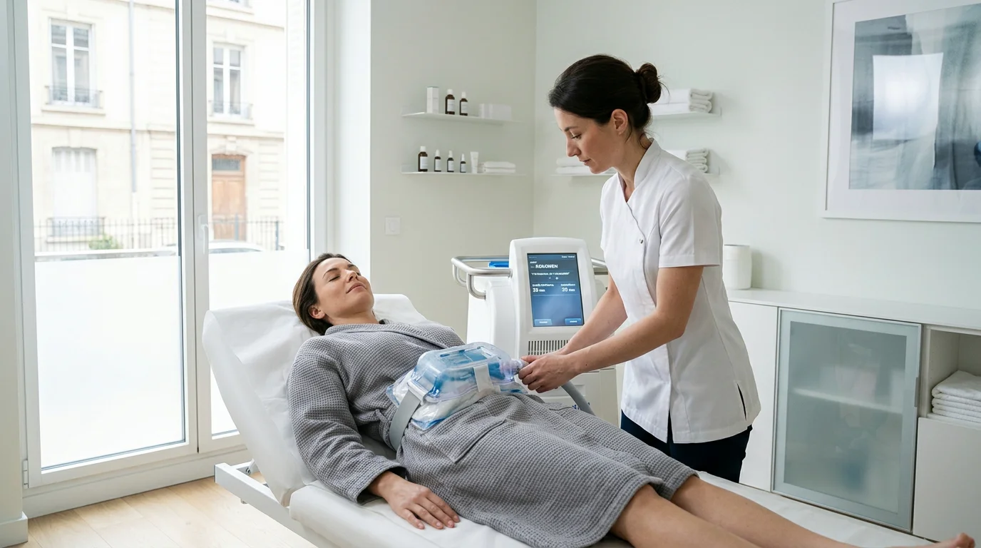Séance de cryolipolyse ciblant la graisse abdominale dans un studio minceur