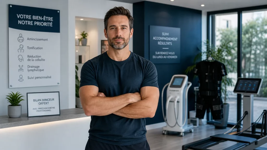 Homme athlétique confiant dans un studio de bien-être moderne et lumineux