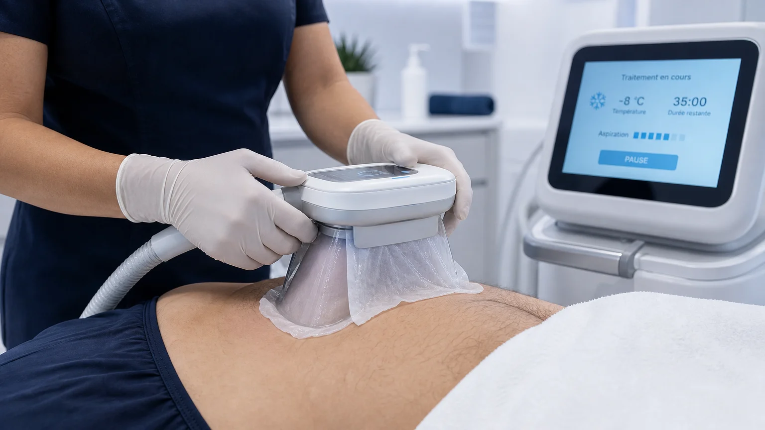Applicateur de cryolipolyse positionné sur le flanc lors d'une séance de remodelage
