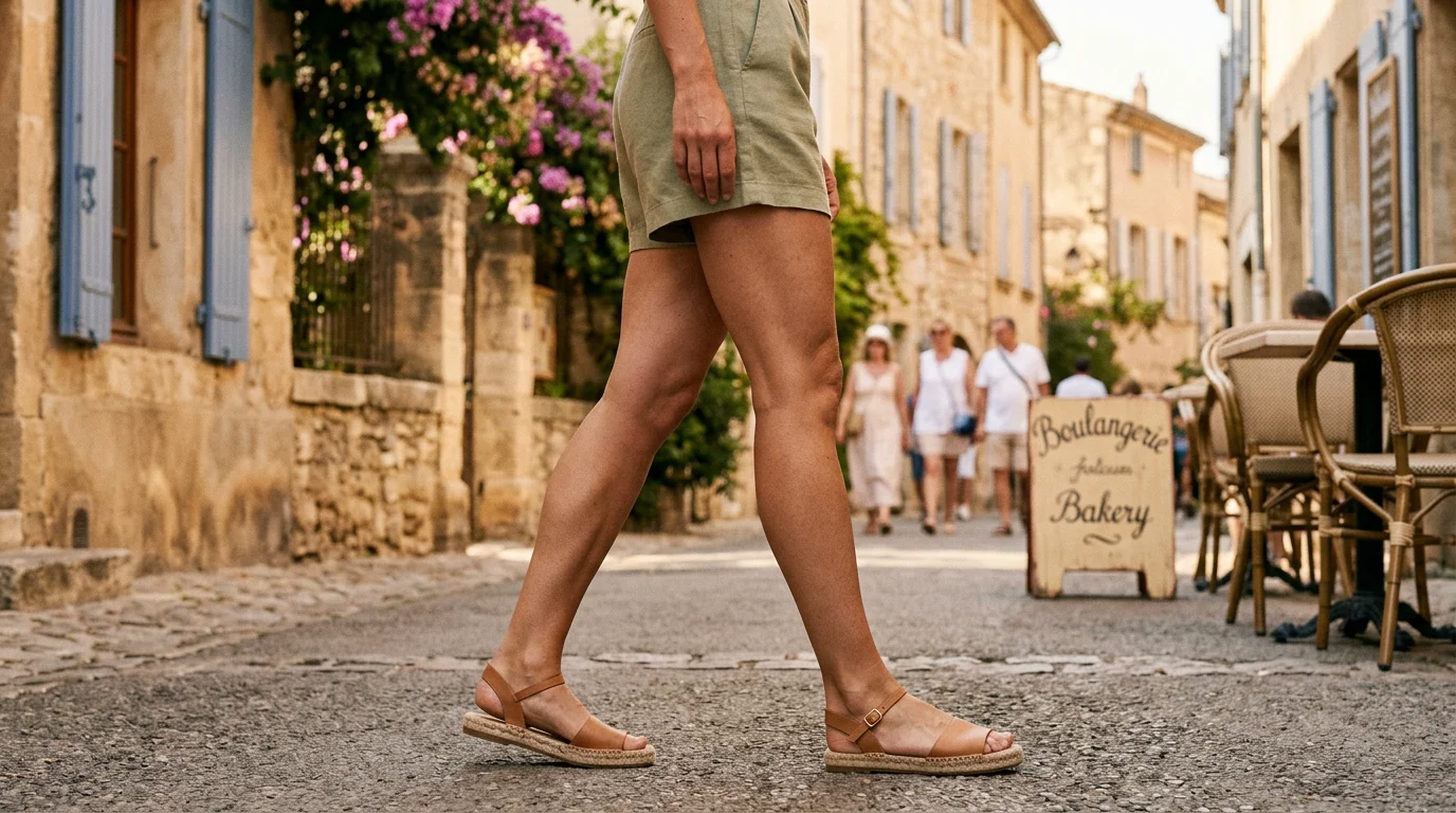 Jambes affinées marchant dans une rue lumineuse méditerranéenne