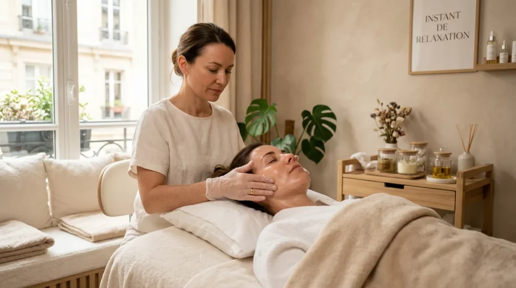 Femme recevant un soin du visage relaxant dans un institut à Marseille