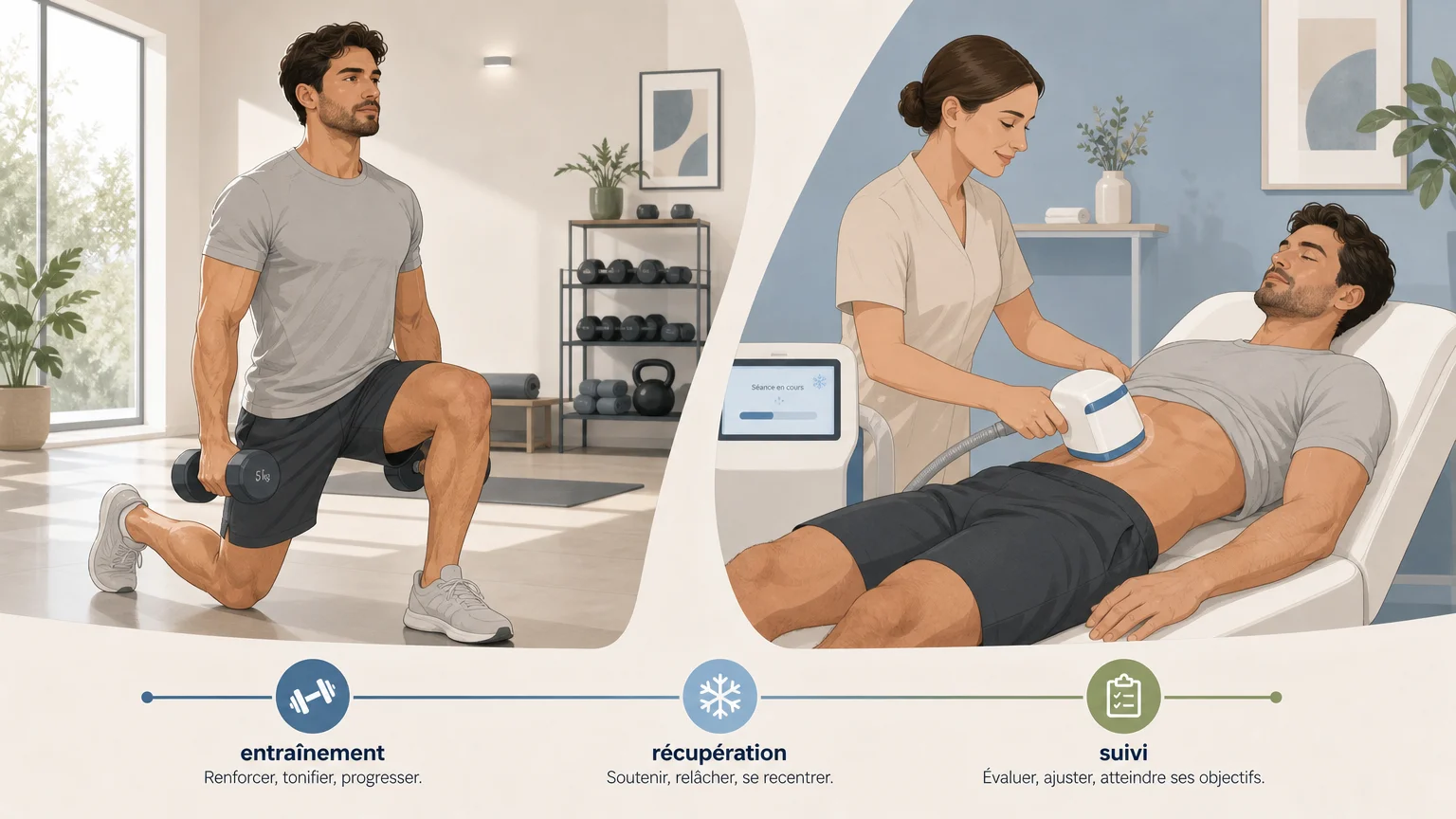 Illustration d’un sportif coordonnant entraînement, cryolipolyse et récupération