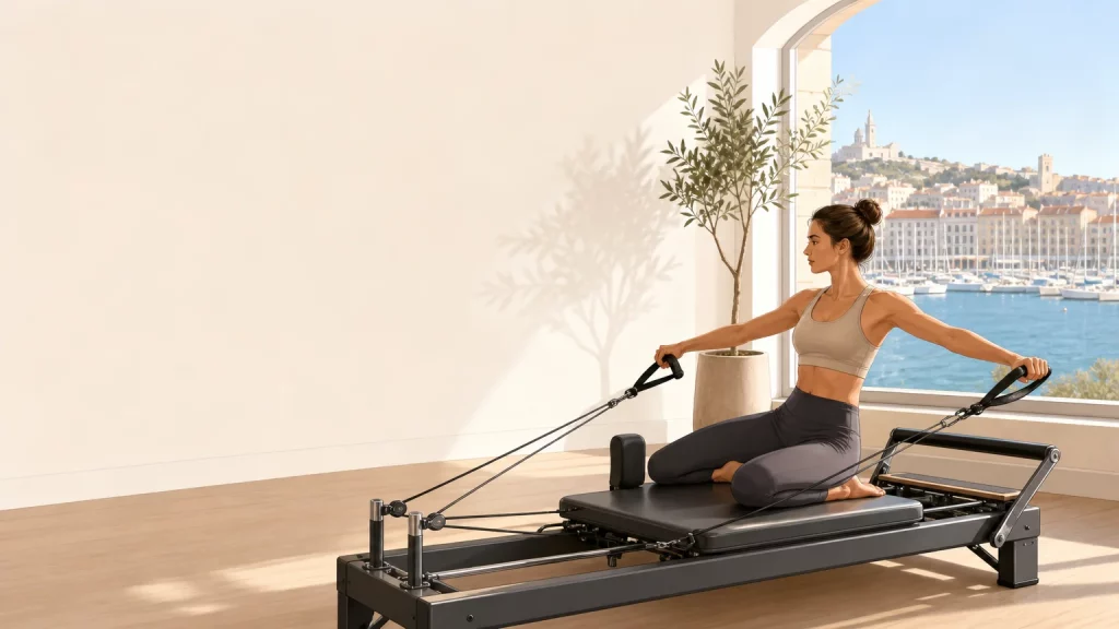 Séance de Pilates Reformer dans un studio lumineux à Marseille