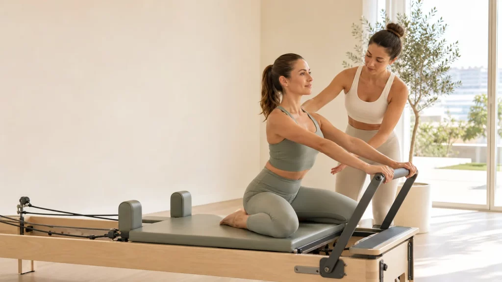 Débutante guidée sur un appareil de Pilates Reformer dans un studio lumineux à Marseille