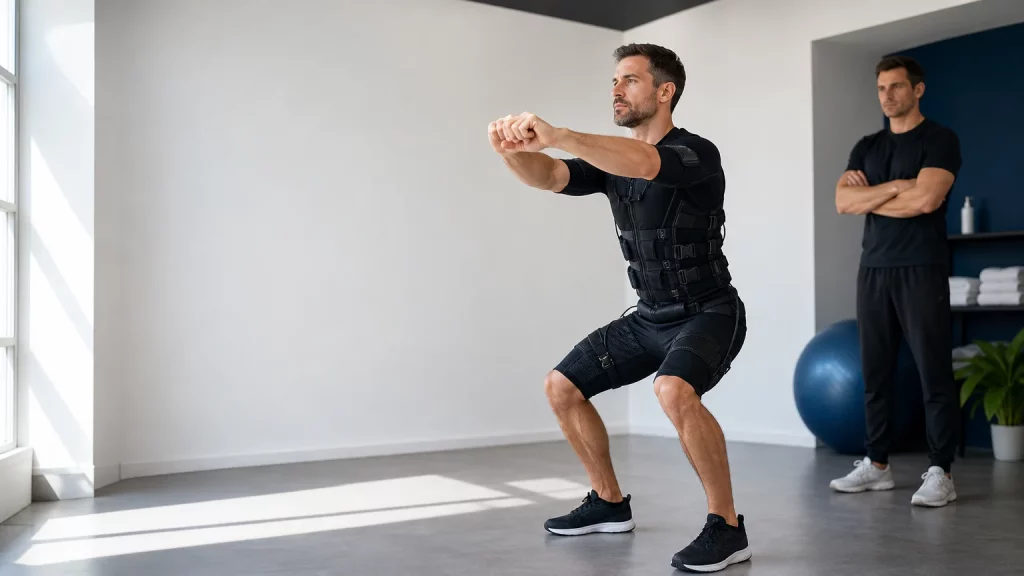Personne active pratiquant une séance d’électrostimulation dans un studio